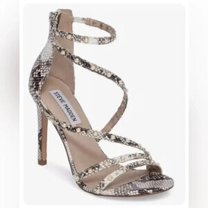 Steve Madden Meg Women's Natural Snake Print Ankle Strap Heeled Sandal 7M